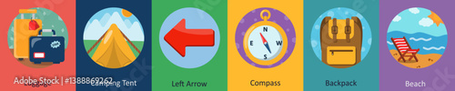 A set of 6 mix icons as luggage, camping tent, left arrow