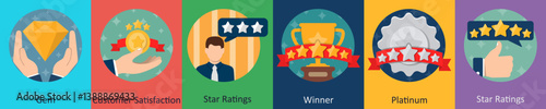 A set of 6 mix icons as gem, customer satisfaction, star rating
