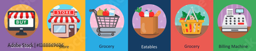 A set of 6 mix icons as online buy, store, grocery