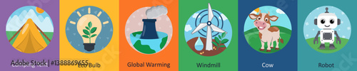 A set of 6 mix icons as camping tent, eco bulb, global warming