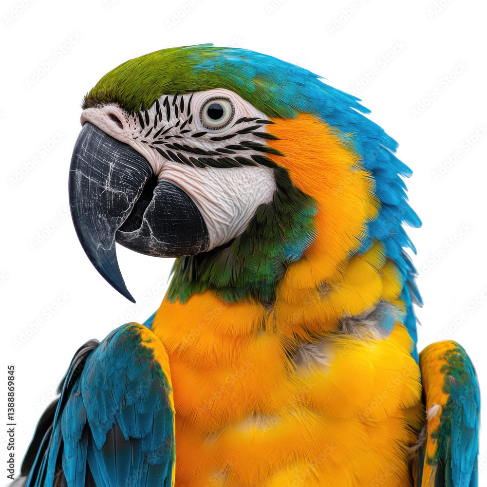 Naklejka premium Transparent background image isolate into png Summer time activities. Closeup Portrait of a Vibrant Blue and Yellow Macaw Parrot