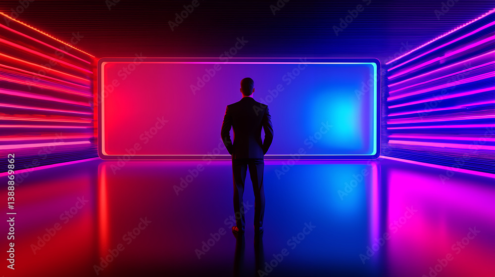 person in suit stands in futuristic room with vibrant neon lights, creating dramatic atmosphere person in suit stands in futuristic room with vibrant neon lights, creating dramatic atmosphere