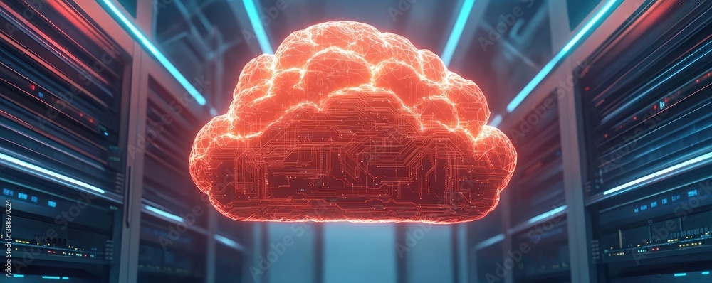Cloud server intelligent system glowing in globalization concept. Futuristic cloud storage system illuminated in neon lights.