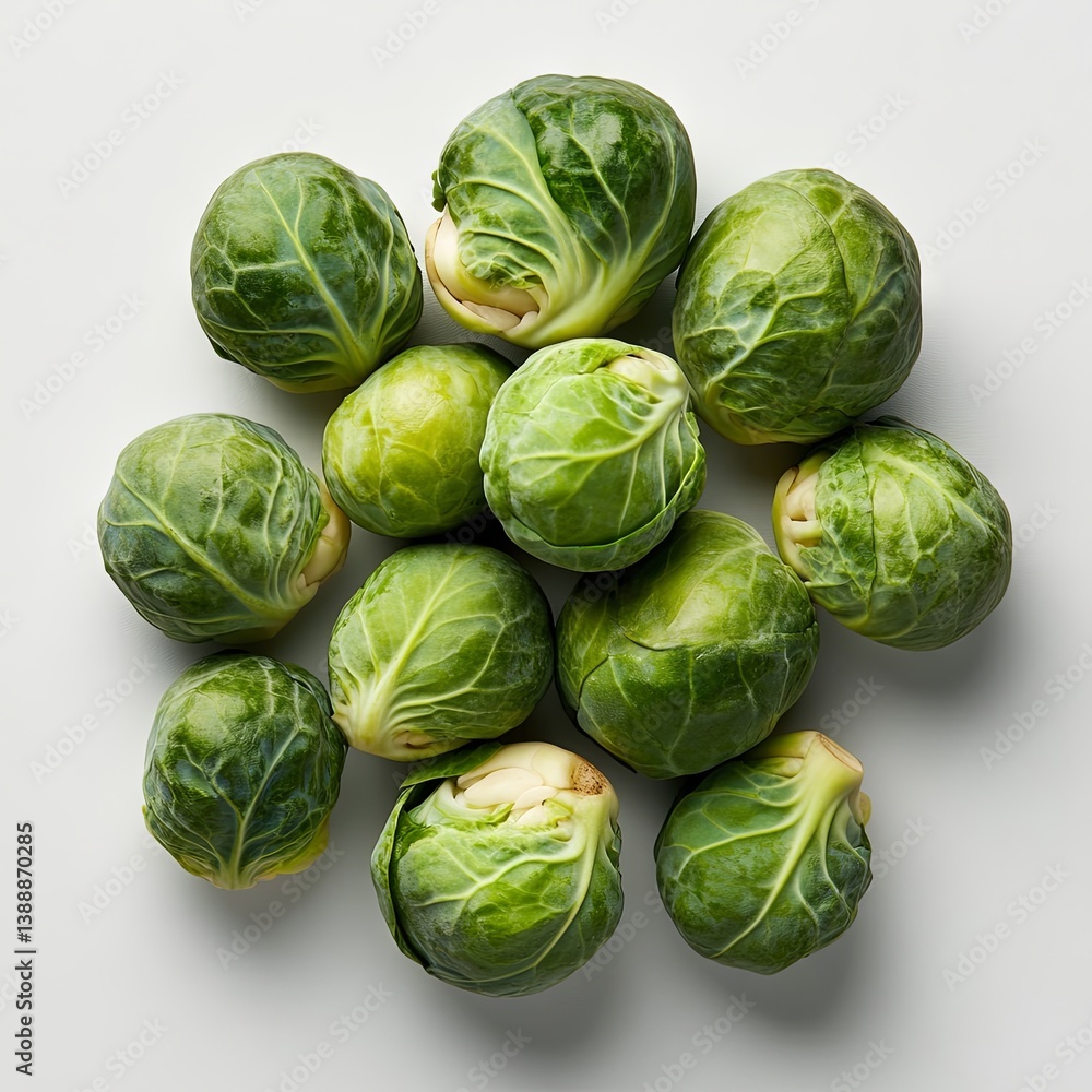 Fototapeta premium Fresh green Brussels sprouts arranged in a circular pattern on a pale surface