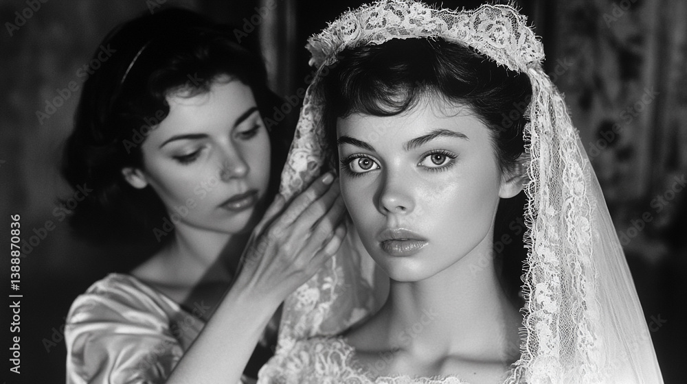 Naklejka premium A young brunette bride in a wedding dress stands near her middle-aged mother 