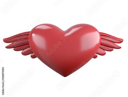 Red heart with wings soaring joyfully against white background. AI Generated