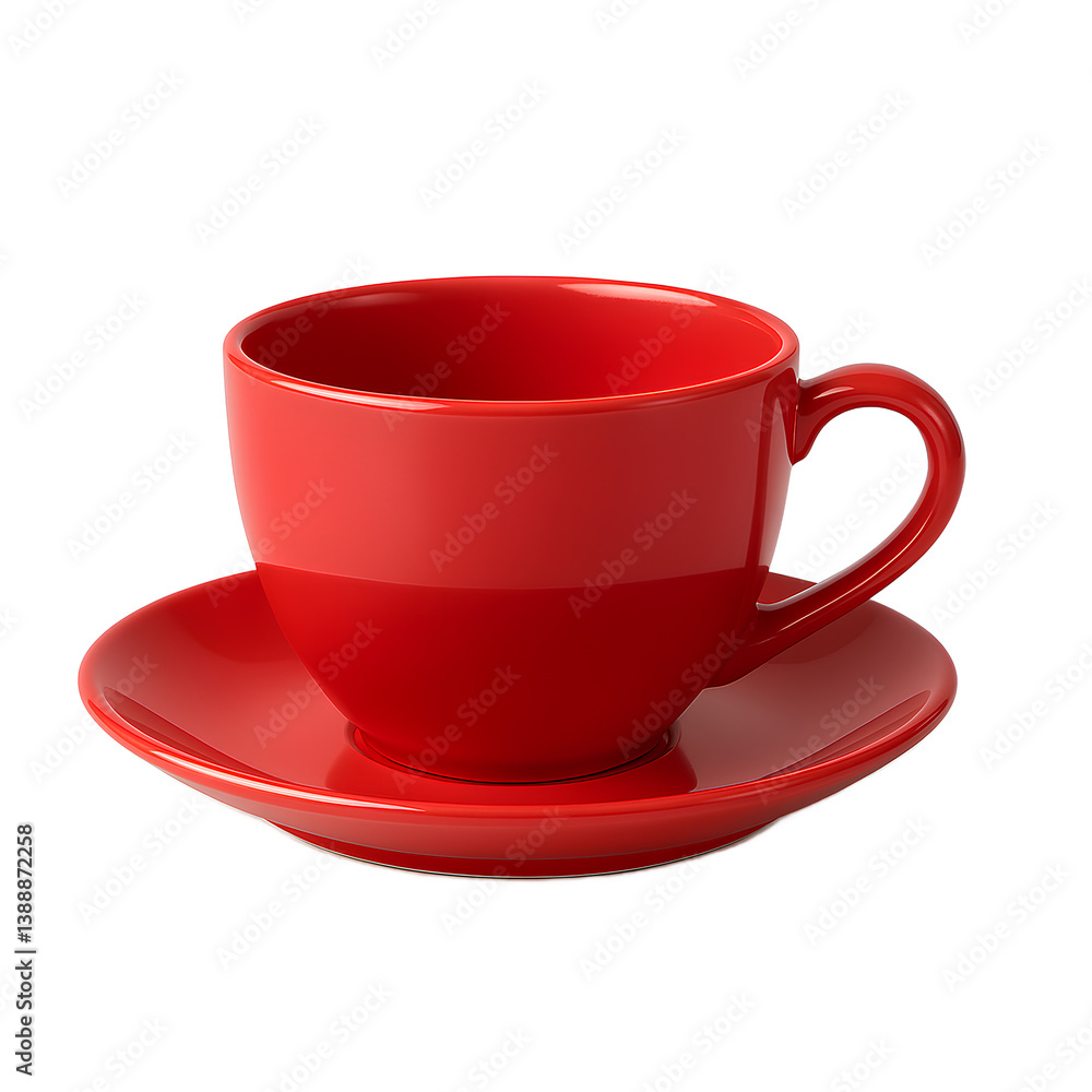 A glossy red teacup sits on a matching saucer against a transparent background. A glossy red teacup sits on a matching saucer against a transparent background.