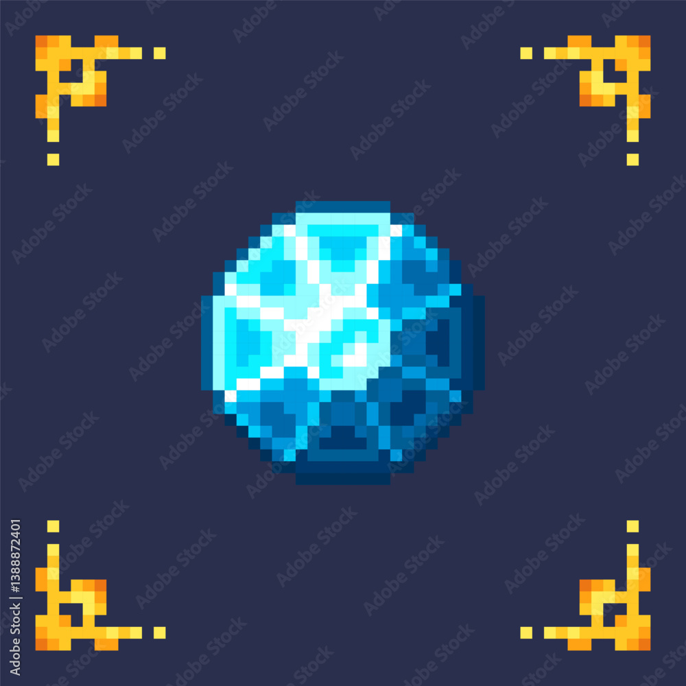 Fototapeta premium pixel art isolated icon blue diamond gem with gold frame for 2d rpg retro game