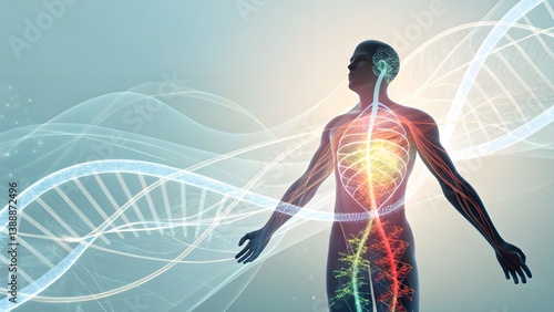 Digital healthcare visualization of a human silhouette with glowing energy flows through DNA and organs. Ideal for themes of internal healing, advanced supplements, and futuristic medicine.