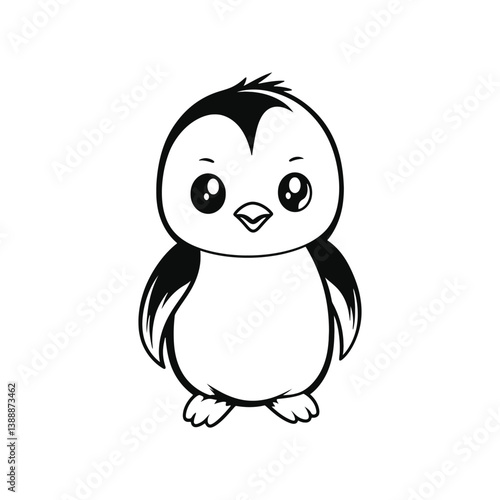 Cute cartoon penguin illustration in black and white