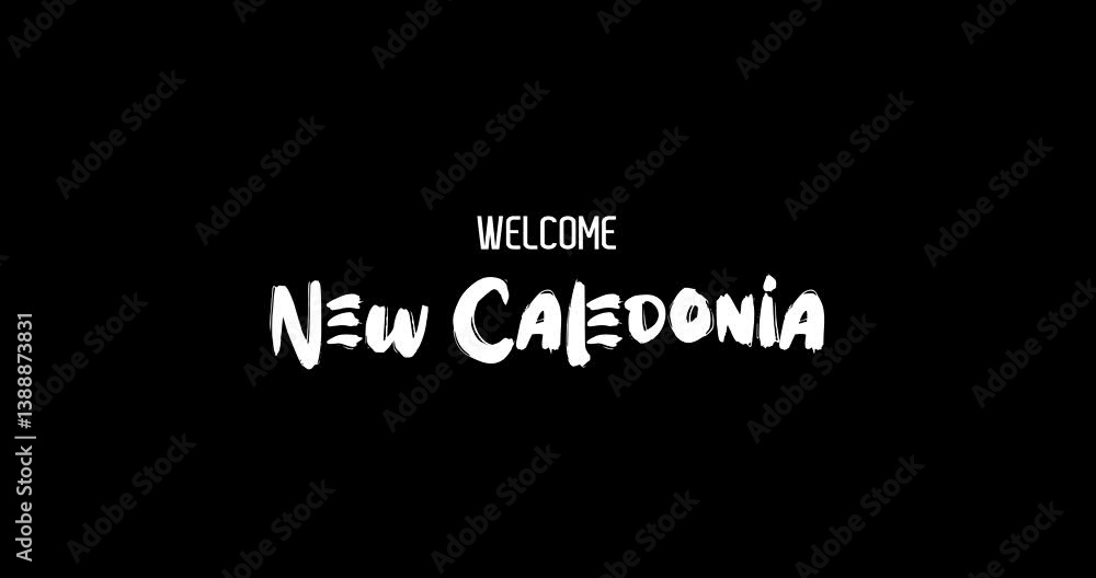 Welcome New Caledonia. Country Name In Bold Text Typography Animation Effect of Grunge Transition on Black Background Welcome New Caledonia. Country Name In Bold Text Typography Animation Effect of Grunge Transition on Black Background