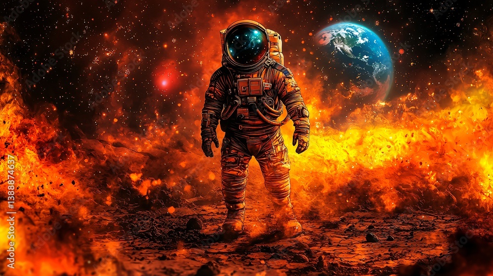 Astronaut on fiery planet, Earth in view Astronaut on fiery planet, Earth in view