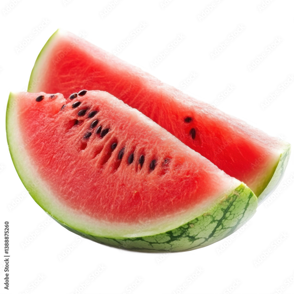 Transparent background image isolate into png Summer time activities. Two Slices Of Juicy Red Watermelon On Transparent Background