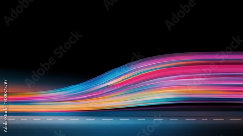 Illuminating Flow of Light: A vibrant streak of light in motion across the black backdrop, showcasing the dynamic fluidity of color and energy, creating a sense of speed and technological advancement.