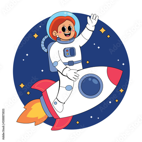 Female astronaut riding rocket cartoon