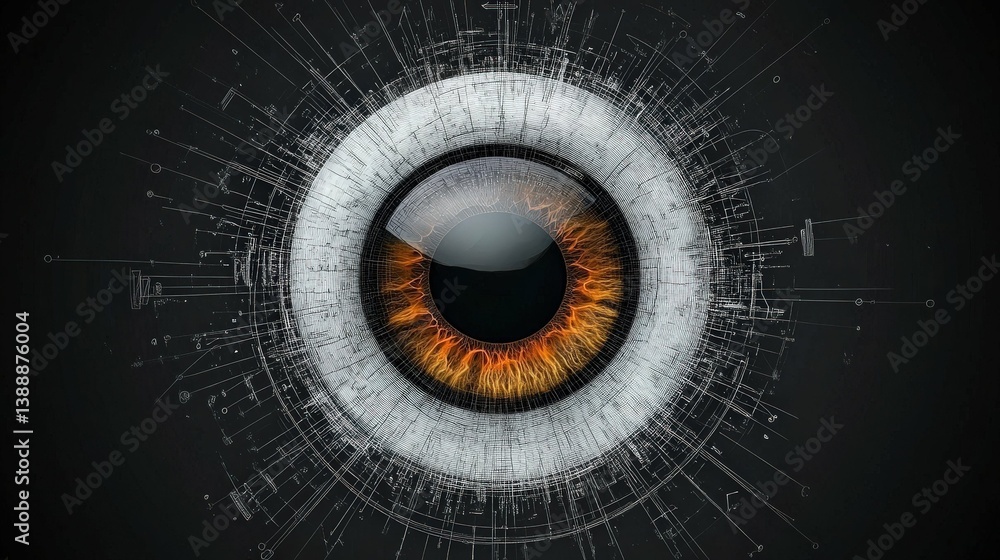 Eye of Innovation: A hyperrealistic gaze captures the essence of human vision, accentuated by intricate digital networks, symbolizing a fusion of the biological and the technological.