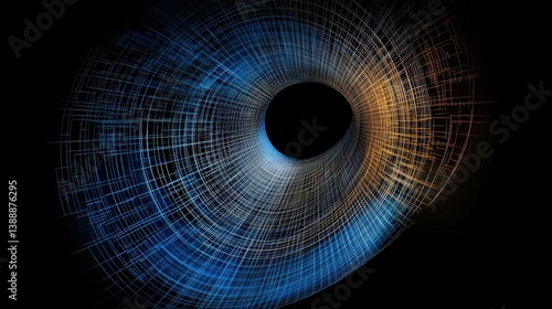 Abstract Portal: A mesmerizing digital artwork showcases a captivating spiral, composed of interconnected lines in shades of blue and orange, against a black background.