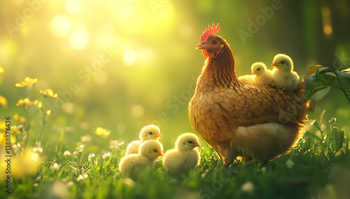 Mother Hen and Chicks in Sunlit Meadow
