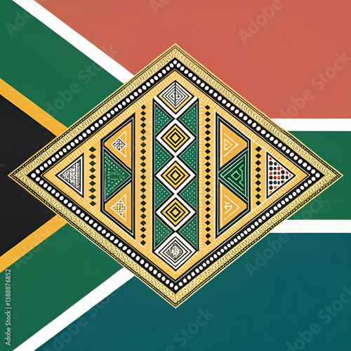 A modern take on Ndebele tribal art featuring bold geometric patterns, vibrant colors, and intricate lines, reflecting the cultural richness and heritage of South Africa.