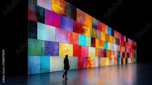 Obraz na płótnie Artistic Exploration: A solitary figure is immersed in the captivating beauty of a vibrant display of art. Capturing the essence of modern art and introspection. w salonie