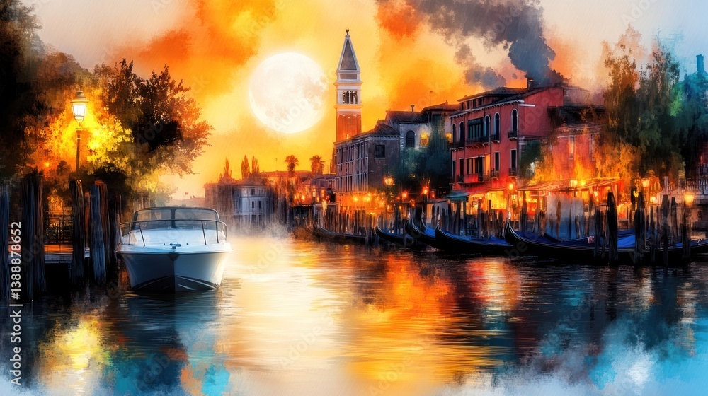 Fototapeta premium Enchanting Venetian Canals: Moonlit Nocturnal Journey