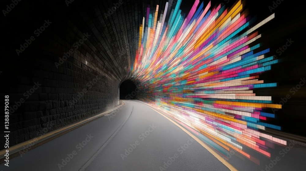 Illuminating the Passage: A tunnel scene transitioning to burst of vibrant light in a photorealistic display, symbolizing the journey to enlightenment, a conceptual representation of progression.