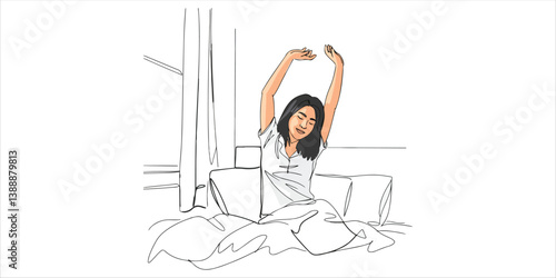 A joyful woman stretches in bed after waking up in the morning, embracing the fresh start to her day with a sense of relaxation and renewed energy in the comfort of her home.

