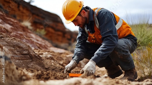 Wallpaper Mural Worker Examining Ground Soil with Tool Wearing Safety Gear Outdoors Torontodigital.ca