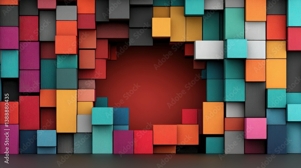 Colorful Cubes and Void: A vibrant array of multi-colored cubes creates a dynamic composition, with a central void adding a sense of intrigue and visual contrast.