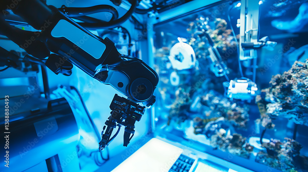A robotic arm in a futuristic marine research station, surrounded by underwater robots, oceanographic equipment A robotic arm in a futuristic marine research station, surrounded by underwater robots, oceanographic equipment