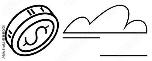 Coin with dollar sign beside abstract cloud silhouette and horizontal lines. Ideal for finance, technology, cloud computing, digital payment, fintech, savings, innovation. Flat simple metaphor