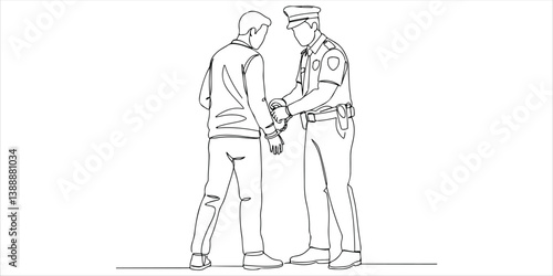 A police officer apprehends a suspect or criminal, firmly securing handcuffs around their wrists as part of the arrest process, ensuring law enforcement procedures are followed with authority.