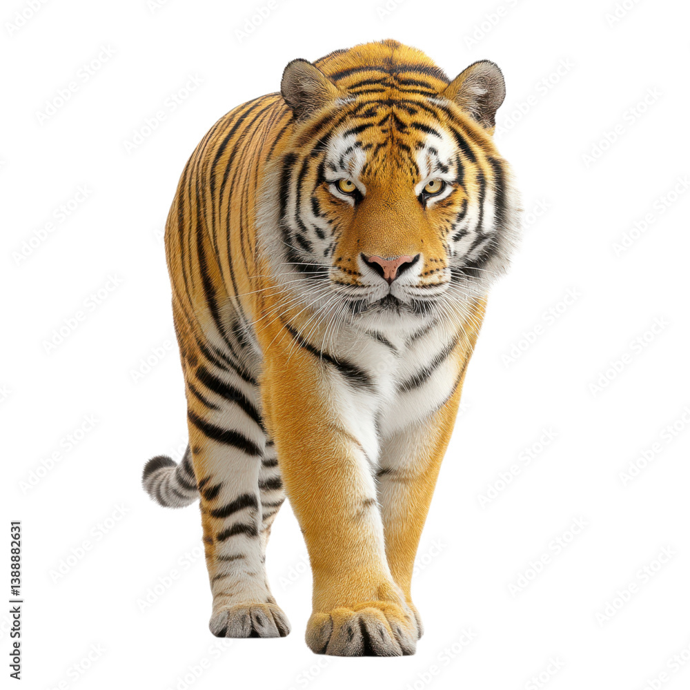 Majestic tiger walking forward, isolated on white. Powerful predator with orange and black stripes. Majestic tiger walking forward, isolated on white. Powerful predator with orange and black stripes.