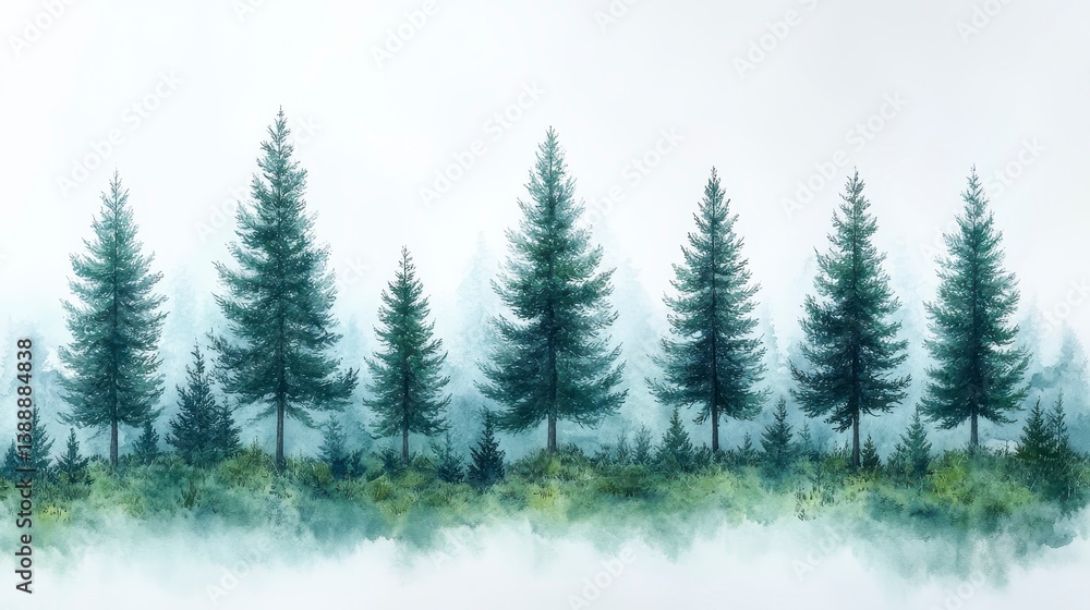 Pine trees in fog. Tall evergreens with misty background create a serene scene Pine trees in fog. Tall evergreens with misty background create a serene scene