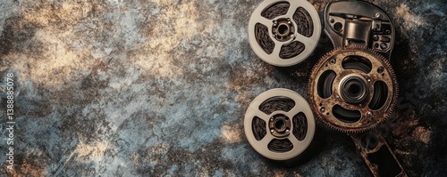 Vintage Film Reels on Weathered Surface