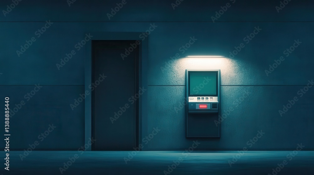 A solitary ATM machine illuminated in a dimly lit corridor, evoking a sense of mystery and urban solitude. A solitary ATM machine illuminated in a dimly lit corridor, evoking a sense of mystery and urban solitude.