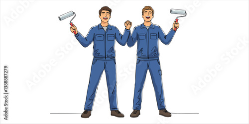 Two lively male painters, dressed in uniforms, enthusiastically hold their paint rollers like microphones, singing with joy in a bright and spacious room, filling the space with energy and laughter.