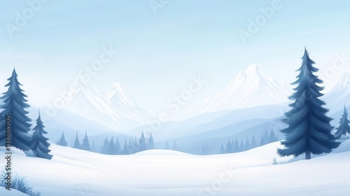 A tranquil winter landscape featuring snow-covered mountains and evergreen trees under a clear blue sky.