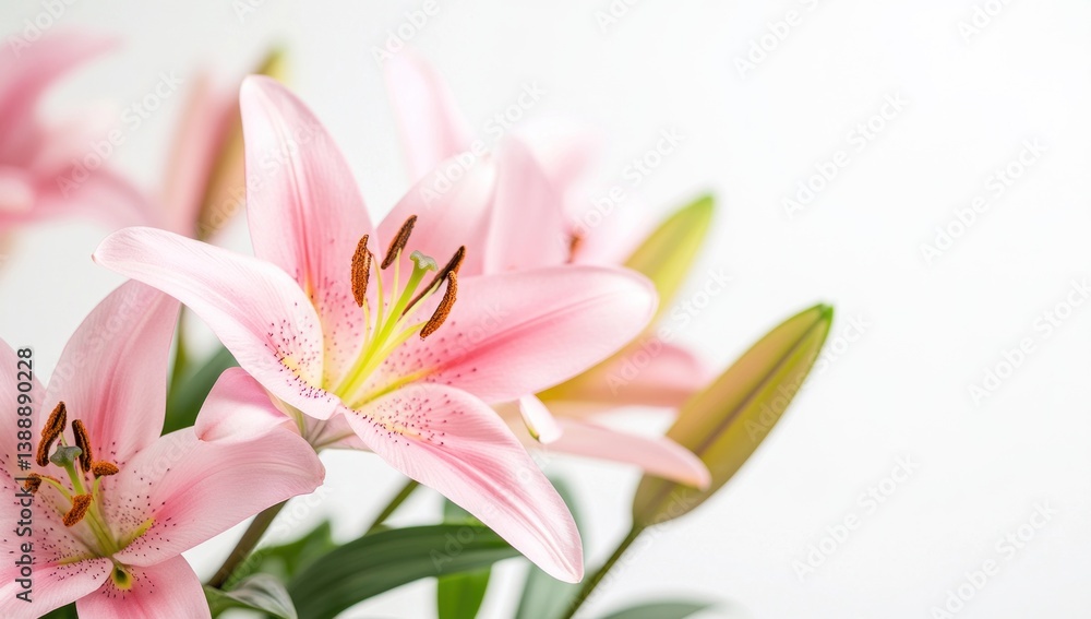 Fototapeta premium Close up photograph of several delicate pink lily flowers in bloom