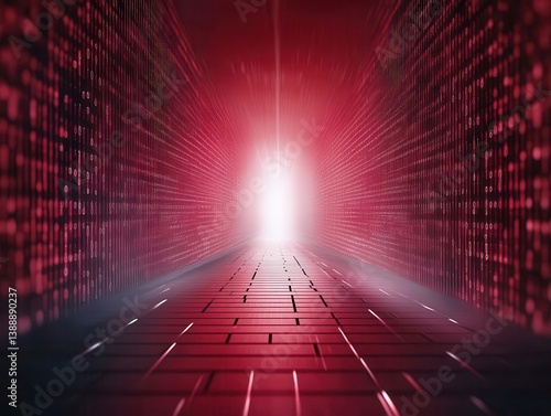 A vibrant corridor of red light and digital patterns, symbolizing innovation and the future of technology exploration.