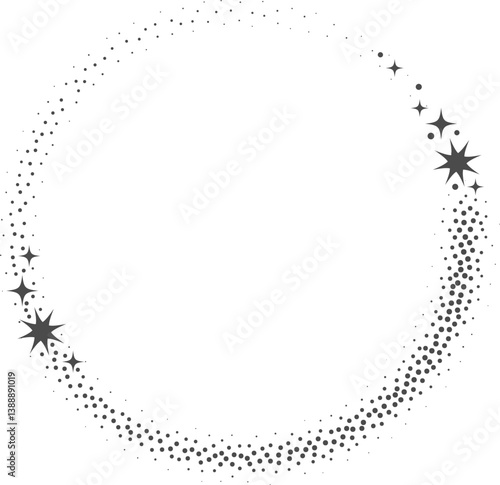 Magic frame with stars with ornament. Celestial border elements. Round decorative vintage element. Abstract cosmic shape with glowing sparkles.