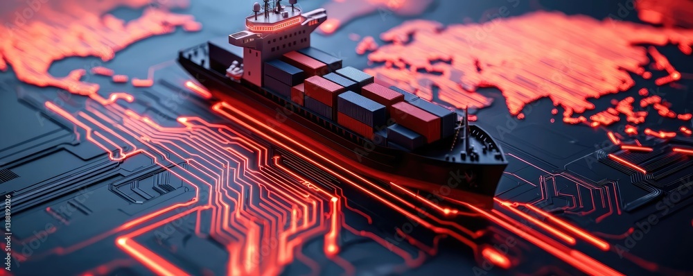 Obraz premium Cargo ship in digital world map for maritime logistic concept. A futuristic cargo ship navigating digital trade routes.