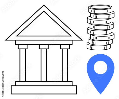 Classical bank building with columns, stacked coins, and location pin. Ideal for finance, banking, savings, investments, wealth management economic strategy accessibility. Flat simple metaphor