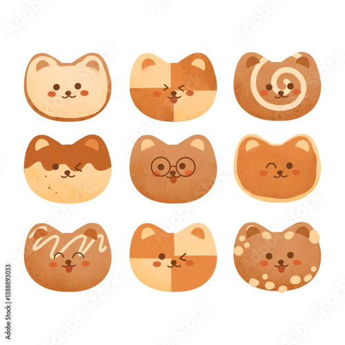 Cat shaped cookies illustration with various expression. Hand drawn cartoon watercolor style. Vector illustration perfect for sticker, card, social media