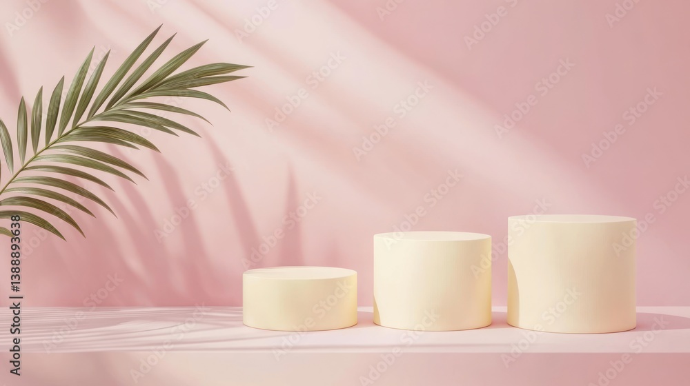 Pastel podium display with palm leaf, product presentation, light and shadow Pastel podium display with palm leaf, product presentation, light and shadow