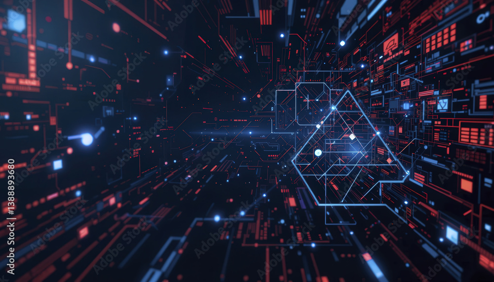 Obraz premium Futuristic digital interface with glowing red and blue data streams, abstract geometric shapes, and cyber technology elements