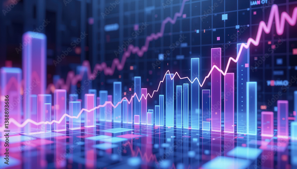 Naklejka premium Futuristic digital chart with glowing bar graphs and rising trend lines, representing financial growth and data analysis