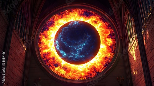 Fiery Celestial Rose Window in Gothic Cathedral