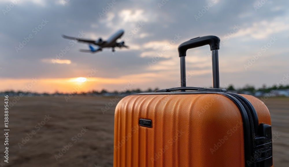Orange Suitcase at Airport Sunset with Airplane Orange Suitcase at Airport Sunset with Airplane