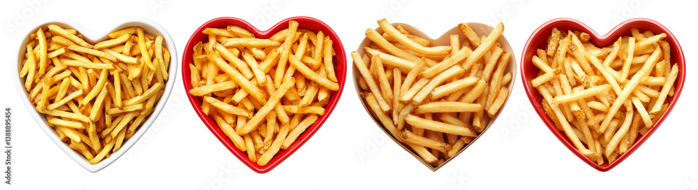 Heart-Shaped Bowls Filled with Golden Crispy French Fries, PNG bundle collection, Isolated on Transparent Background